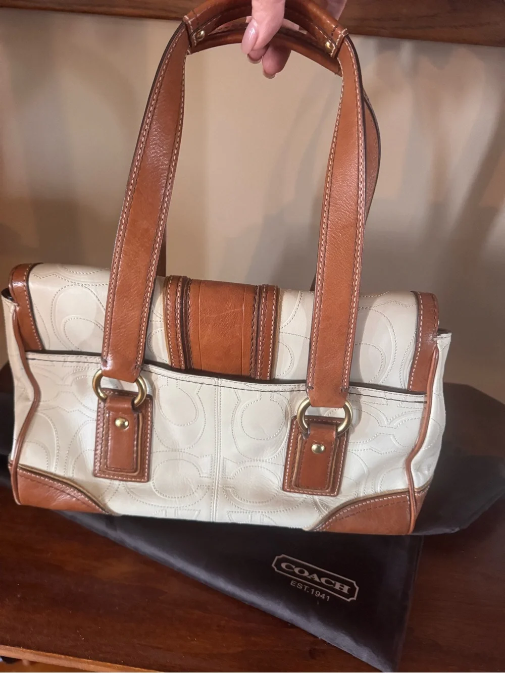 Coach Hampton Signature Embossed Leather Satchel -Cream with Saddle Brown Trim - Picture 3 of 16
